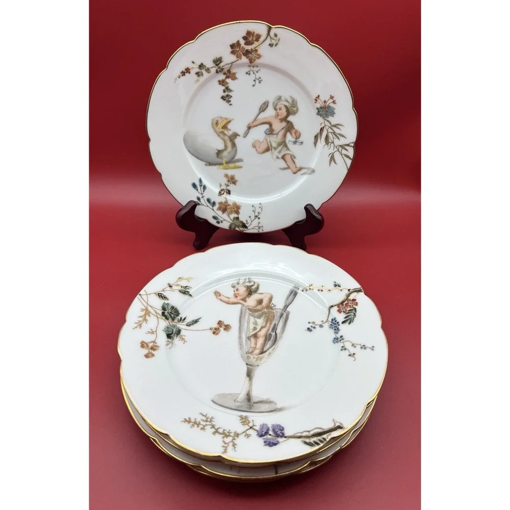 5 Antique French Porcelain CFH Limoges Plates w Babies/Cherubs Circa 1890 RARE